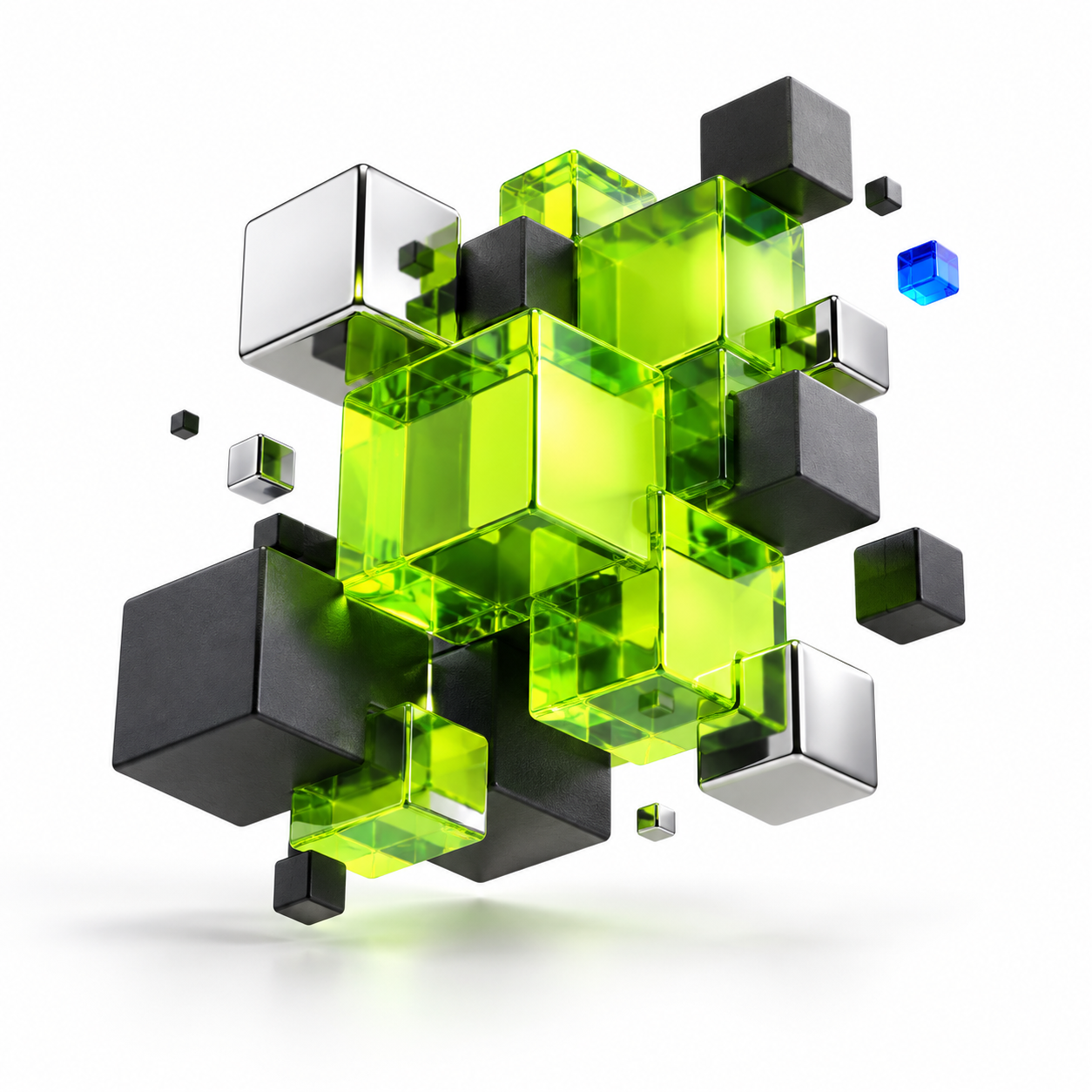 A 3D pixel sculpture in lime-green glass and polished metal